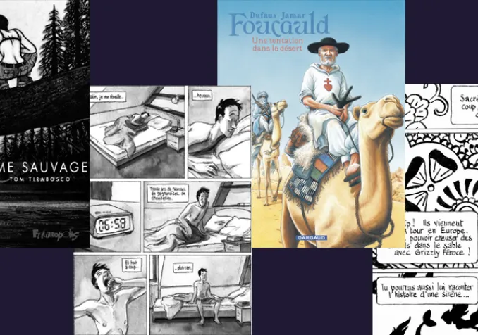 De g. à d. : "Femme sauvage" de Tom Tirabosco, "L'odyssée du microscopique" de Léandre Ackermann et Olivier F. Delasalle, "Vincent, un saint au temps des mousquetaires" de Jamar et "Calypso" de Cosey © Editions Futuropolis, La boîte à Bulles, Dargaud