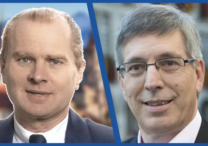 Le conseiller d'État Philippe Leuba, chef du Département de l'économie et du sport, et le municipal Oscar Tosato en charge de la Direction des sports et de la cohésion sociale s’apprêtent à partager la chaire de la Cathédrale, ce dimanche 12 janvier, à l’occasion d’une célébration commune en honneur des JOJ Lausanne 2020.  DR