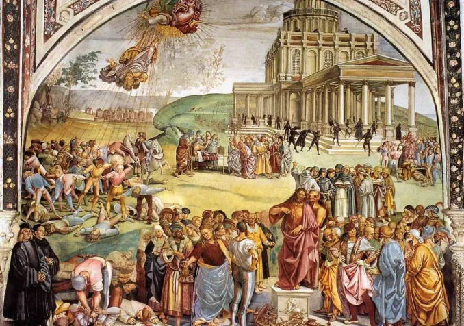 Fresque De Luca Signorelli représentant le Règne de l'ANtéchrist. L'artiste s'est représenté en noir dans le coin de la fresque.