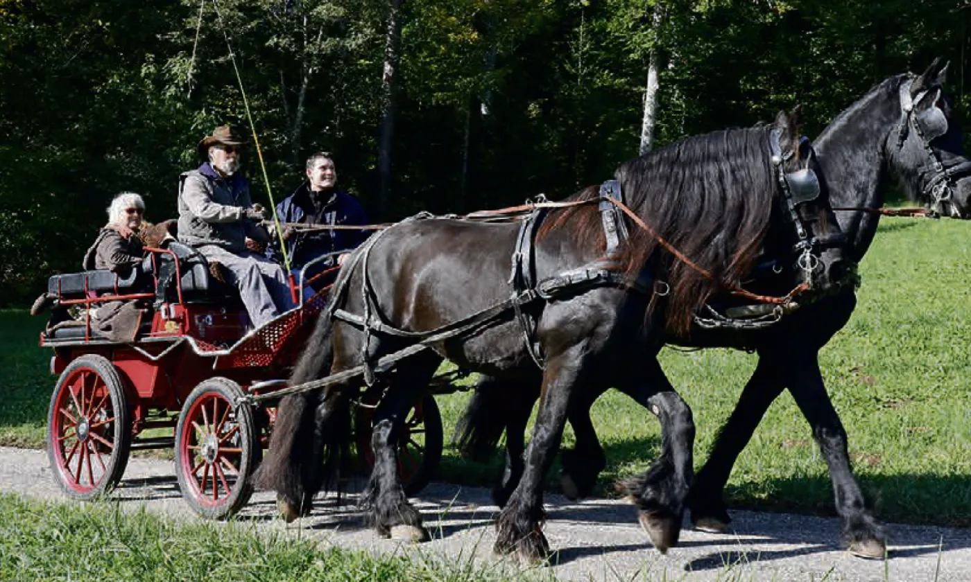 Le diacre en formation Eric Bianchi (à droite à côté du cocher) et quelques paroissiens en tournée d'essai. © DR