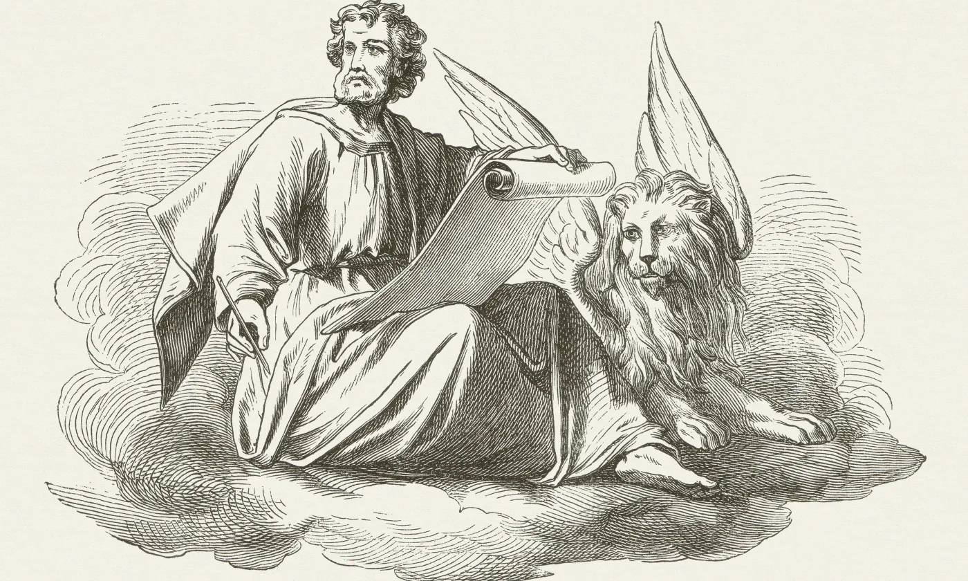Représentation symbolique de l’évangéliste Marc. Gravure sur bois de 1877 inspirée d’une peinture de Julius Schnorr von Carolsfeld (1794 - 1872). @iStock