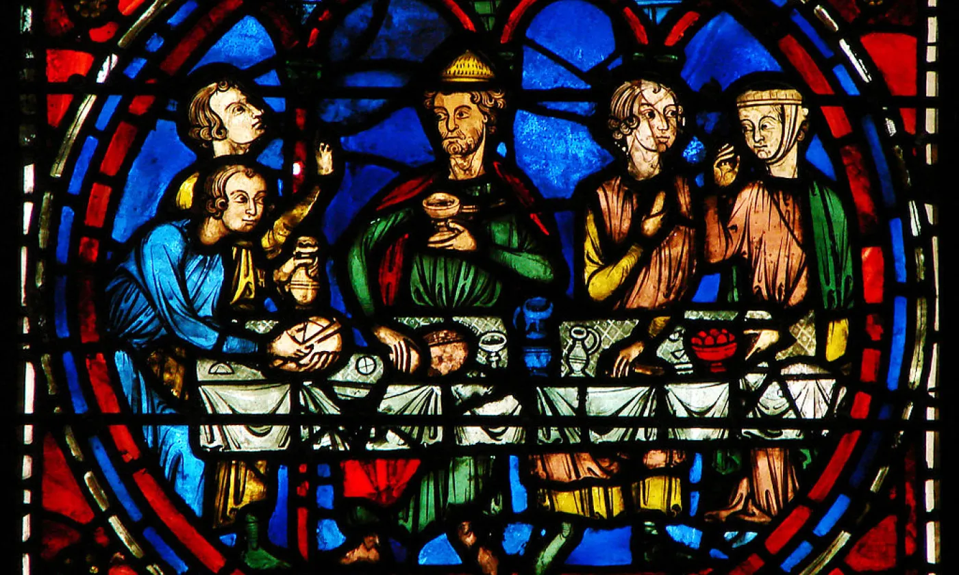 Détail d'un vitrail de la cathédrale de Chartres relatant les Noces de Cana. CC0 Wikimédias