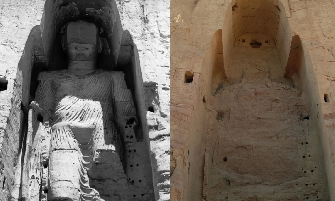Statue de Bouddha à Bamiyan, avant et après destruction ©UNESCO/A Lezine;Tsui - CC BY-SA 3.0 Wikimedia Commons