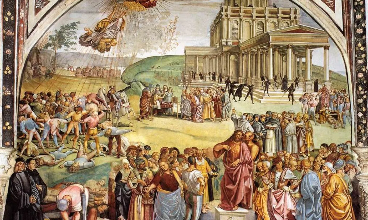 Fresque De Luca Signorelli représentant le Règne de l'ANtéchrist. L'artiste s'est représenté en noir dans le coin de la fresque.